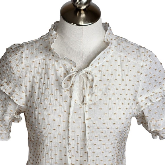 Flower & Feather Swiss Dot Ruffle Top Womens Medium White Tan‎ - Picture 3 of 11
